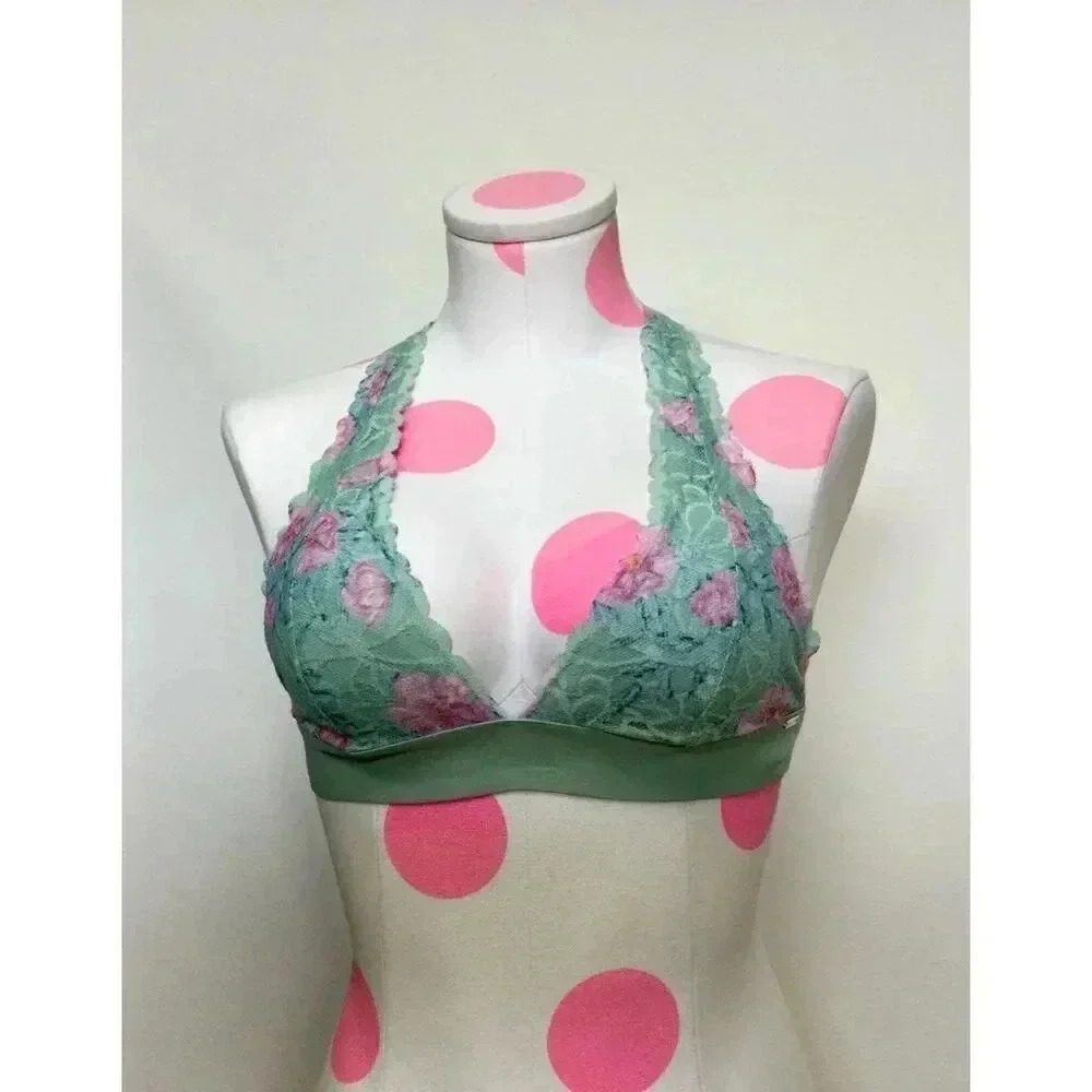 Pink Victoria's Secret Womens Green Pink Floral Lace T Back Bralette Bra‎ Small